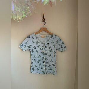 Y2K Vintage Coquette Blue Floral Button Down Top Shirt Size Small (Flawed)